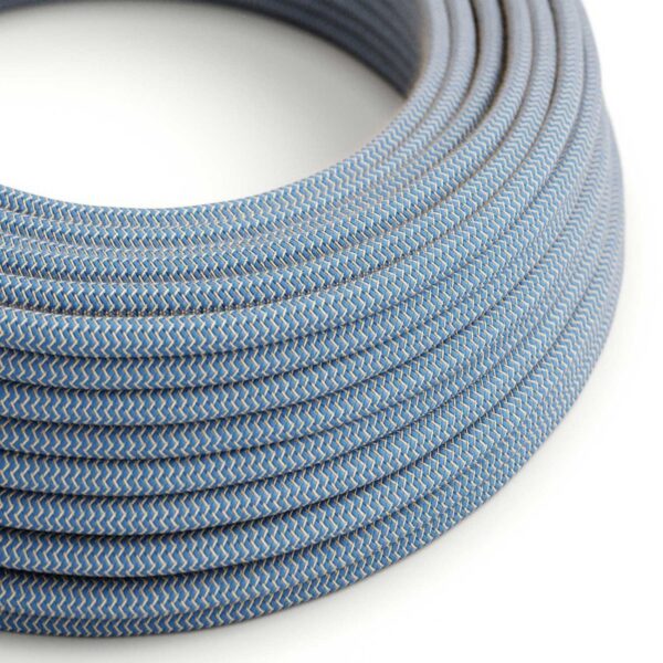 Round Electric Cable covered by Steward Blue ZigZag Cotton and Natural Linen RD75 (1 Metre)