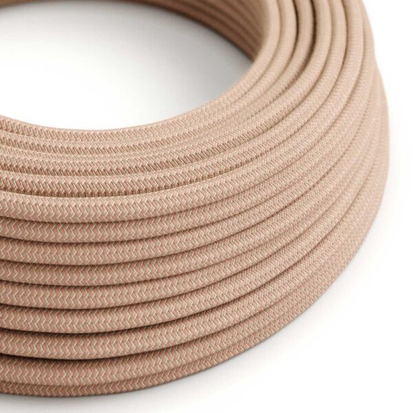Round Electric Cable covered by Ancient Pink ZigZag Cotton and Natural Linen RD71 (1 Metre)